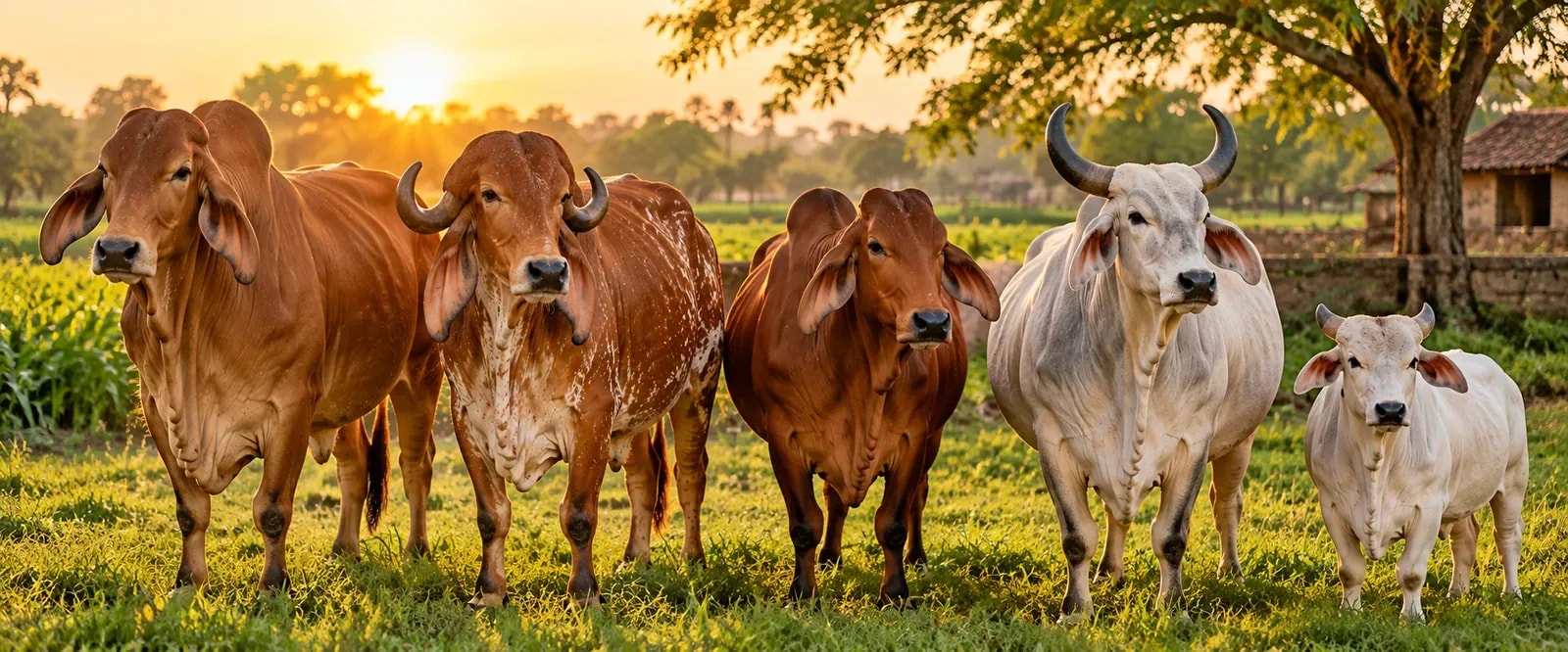 Sahiwal, Gir, Red Sindhi, Tharparkar and Punganur desi cows standing side by side in a pasture at sunset