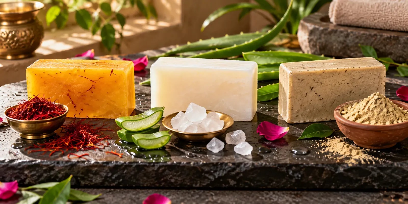 Saffron, camphor and multani mitti handmade soap bars with saffron threads, camphor crystals and multani mitti powder